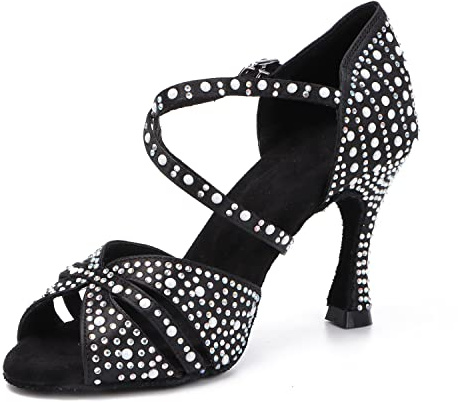Syrads Womens Professional Latin Dance Shoes Open Toe Salsa Bachata Dance Shoes Glitter Strass Salsa Latin Dancing Heels,Nero 9cm Heel,41 EU