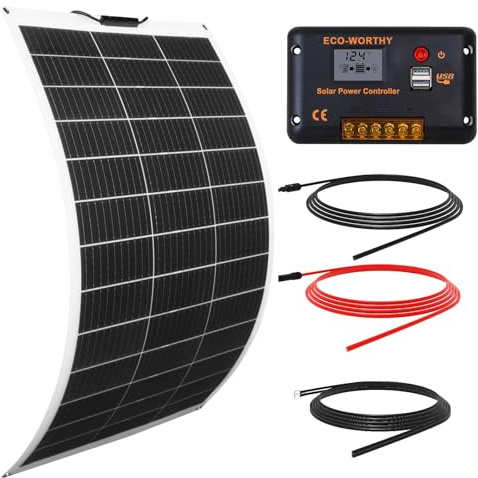 ECO-WORTHY 130W12V Flexibles Solarpanel Kit netzunabhängig Off Grid: 130W Solarpanel + 30A LCD Display PWM Laderegler + 5m Solarkabel für Wohnwagen, Wohnmobil, Boot, Kabine, Anhänger