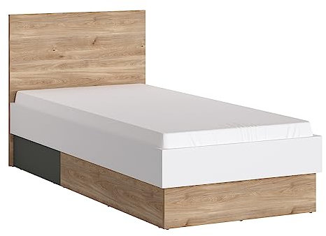 Lomadox Jugendbett Bett Einzelbett 90 cm in Eiche Nb. mit weiß und grau, B/H/T ca. 95,3/95,5/204,9 cm