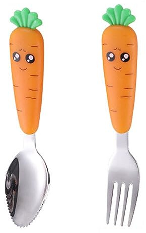 Set di Posate per Bambini alla Carota, 2 Pezzi Stoviglie per Bambini in Acciaio Inossidabile Cucchiaio per Raschietto Forchetta Carota Cucchiaio per Apprendimento Autoalimentato