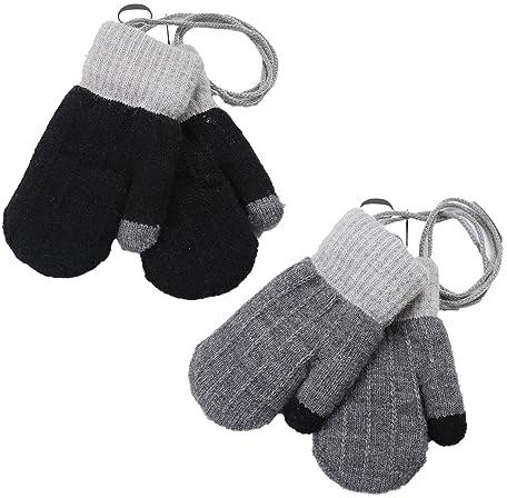 2 Paire Moufle Enfant Tricoté Gants Epais avec Corde Epais Plein-Doigts Hiver Motif Gants Moufles Toddler Enfants Gants Sport Extérieur Ski Snowboard Camping Moufles à Accrocher au Cou pour 0-3 Ans