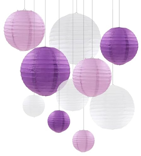 ZYOOO 10 Stück Violett Weiße Papierlaterne Lampion rund Lampenschirm (Set 3 Farben à 25cm, 20cm，15cm,10cm) Lampions Hochzeit,Deko Gartenparty,Bride to Be Deko