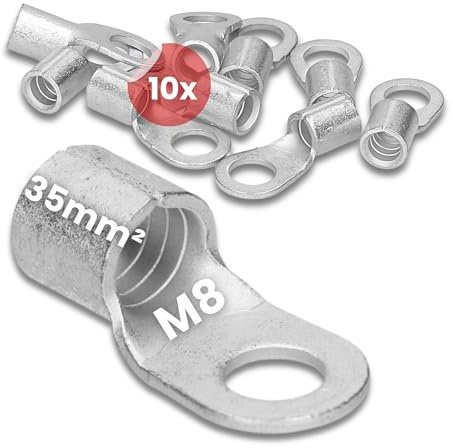 Kalitec 10x Quetschkabelschuh 35mm² M8, Unisoliert, DIN 46234, Kupfer | Ringkabelschuh Set für Schaltschrankbau - Dornpressung - Geeignet für mehr-, fein- und feinstdrähtige Leiter - Blank