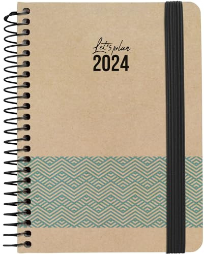 Grafoplás | Jahresplaner 2024, A6, 16,5 x 10,5 cm, Spanisch, Tageseiten, blaues Konzept, Natur, Hardcover | Einband aus Kraftpapier und 100% recyceltem Karton, elastischer Verschluss