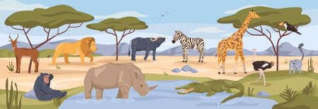 Acryl-Bild 90 x 30 cm: Wildpark Afrikas, Zoogarten oder Menagerie, Naturschutzgebiet für Tiere, die in der afrikanischen Savanne leben. Löwe und (187765524)