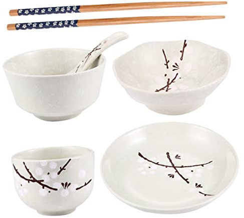 IMIKEYA Japanese Tableware Set 6 Pcs Eco-Friendly Dinnerware Set Bowl Plate Cup Spoon and Chopsticks Designed for Asian Style Dinner 18.5cm