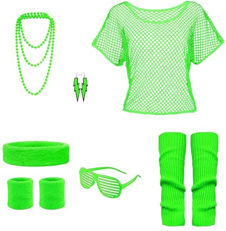 DGUSO 80er-Jahre-Outfit mit Netz-Oberteil, Beinstulpen, Stirnband, Ohrring und Halskette für Damen - Kostüm für Halloween, Karneval, Cosplay und Party (Grün)
