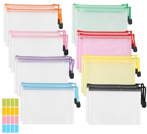 16 Stück Dokumententasche A6, Farbige Net Dokumententasche, Wasserdichte PVC-Kunststoff Reisverschlusstaschen für Dokumente, Akten, Kosmetika (8 Farben)