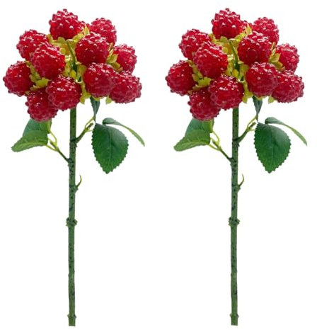 LEMCC 2 Stück Künstliche Himbeerzweige, Künstliche Himbeerstiele, Künstliche Beerenfrüchte, Künstliche Stiele, Blumen, Rote Stechpalme, Erdbeere, Grüne Zweige, Picks, Himbeeren-Dekoration(Rot)