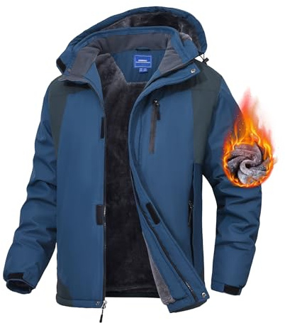 Zoofly Chaqueta de esquí de montaña para hombre impermeable forro polar abrigo de nieve cálido invierno resistente al viento con capucha Azul vaquero Taille L