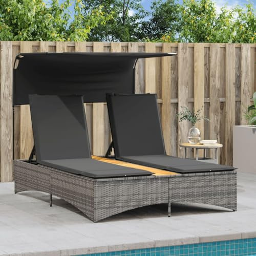 Faroom Tumbona Doble de Ratán para Jardín con Techo Solar, Cama Exterior Jardin, Tumbonas Piscina 2 Plazas, Cama Balinesa, Tumbonas Jardin Exterior, con Mesa de Centro y Almohadón Gris Oscuro