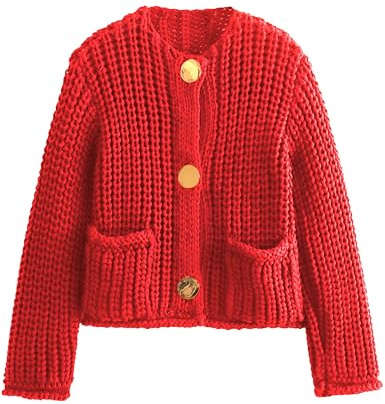 Hvewarm Cárdigan de Punto Grueso para Mujer, con Botones Dorados, Manga Larga, suéter Corto de Ganchillo, Rojo -, M