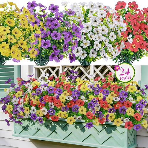 Der Rose 24 Bündeln Künstliche Blumen wie echt für Draußen, UV-beständig Wetterfest Kunstblumen für Outdoor, Blumenkästen, Garten, Terrasse, Veranda, Balkon, Frühling Deko