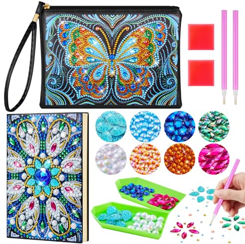 Enbagold Diamantmålning Barnpresent för Flickor 6 7 8 9 10 11 12 År Gamla Barn Hantverkssats Barn 6+ Liten Kosmetikväska & Notebook A5 Barn Vuxen - Blå Fjäril + Påfågelfjäder