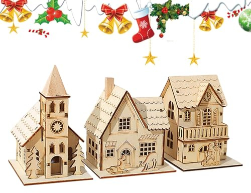 Generico Casette Natalizie Luminose in Legno, Decorazioni Artigianali per Casette di Villaggio Natalizio, Piccole Case in Legno con Luci a LED per il Natale Invernale
