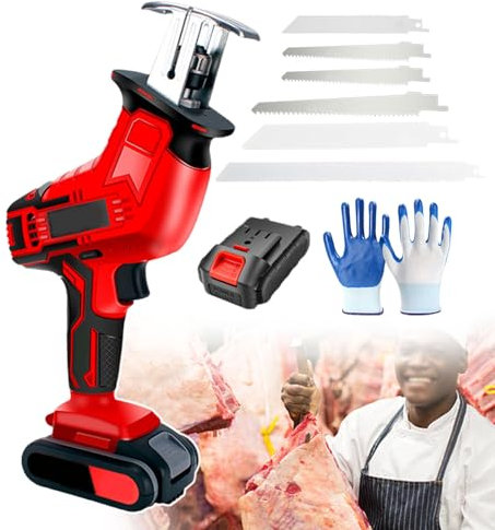 ERSINIAN Máquina cortadora de Huesos eléctrica, máquina cortadora de Huesos de Carnicero, con 6 Hojas de Sierra y 12 Pares de Guantes, Kit de Herramientas para Cortar Carne, Mango de Goma (1 batería)
