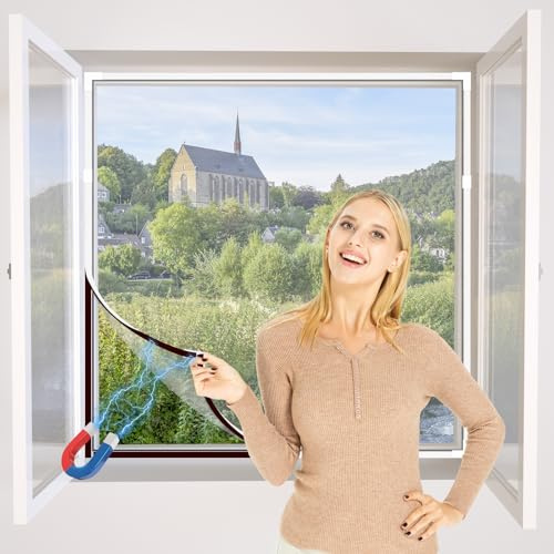 NeatiEase Mosquiteras para Ventanas Pantalla magnética ajustable y flexible de 120 x 180 cm, se adapta a cualquier tamaño más pequeño（Marco blanco, malla blanca）