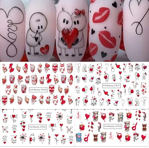Kabwea Nail Sticker Set With 4 Sheet Red Hearts And Cartoon Designs, Self Adhesive 3D Nail Art Stickers For Valentine's Day And Daily Nail Design