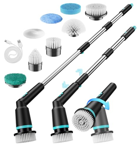 Electric Spin Scrubber Cordless with Remote Button, 8 Brush Heads, IPX7 Waterproof, 3 Speeds, Adjustable Handle (11-51”), Bathroom, Tile, Kitchen, Car & Floor Cleaning Tool (Black)