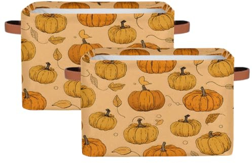 MPTPTM Cube Storage Basket, Pumpkin Canvas Baskets with PU Handle, Large Capacity Storage Bins for Closet Toys Trunk Laundry hamper 2pcs