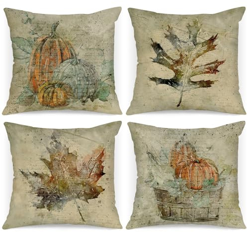 Benjia 4 stycken örngott höst örngott 45 x 45 cm, vattenfärg lönnlöv pumpa höstkuddar dekorativa örngott kuddar för Thanksgiving halloween sängkläder soffa fåtölj hem sovrum dekorationer 45x45 cm