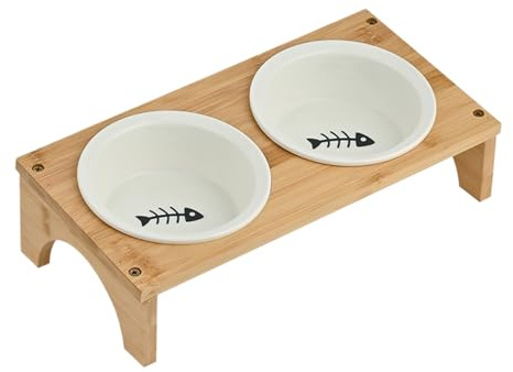 Erhöhte Hundenäpfe – Erhöhter Hundenapf | Futterstation mit Holzsockel | Rutschfest geneigter Keramik-Wassernapf für kleine, mittelgroße und große Welpen, Kätzchen, rutschfest und kein Verschütten
