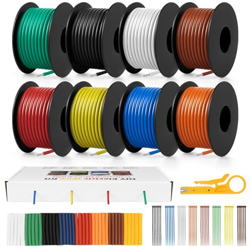 inShareplus 22 AWG 0.3mm² Electrical Wire, Flexible Silicone Tinned Copper Wire Kit with 8 Colors (6.1 Meters/20Feet Each), 22 Gauge Stranded Wire Hook Up Cable for DIY, Automotive, Home