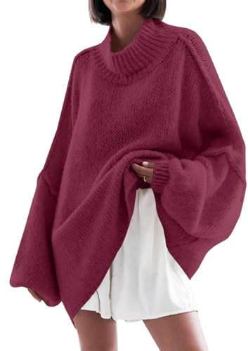 Saodimallsu Pullover Damen Rollkragen Oversized Fledermausärmel Weinrot M