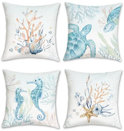 COZZSNUGE Havsstrand kuddfodral havssköldpaddor sjöhäst sjöstjärna blå kust utomhus sammetslen dekorativa örngott för soffa säng hem uteplats 45 x 45 cm set om 4