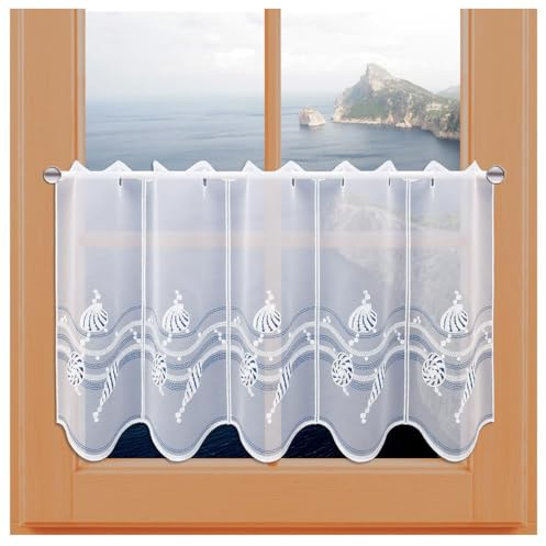 kollektion MT Scheibengardine Meereshauch Vogtländische Spitze - Maritime Badgardine mit Muscheln in weiß-blau - moderner Scheibenhänger mit edler Stickerei | Kurzgardine Höhe x Breite 40 x 144 cm