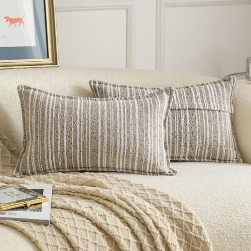 Madizz Juego de 2 Funda de cojíns Decorativas de Bucles con Borde Neutras Boho Fundas de Almohada Rayada para Sofá Dormitorio Salón Beige Oscuro Rectangular 40 x 80 cm