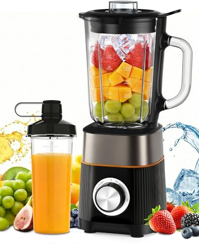 1000W Standmixer, Mixer, Glas 2-1 Mixer Smoothie Maker mit 1,5L Glaskrug und 600ml Reisebecher, Stufenlos Drehbare Drehregler, Selbstreinigung, für Ice-Crush-Funktion Shakes Gefrorene Getränke Saucen