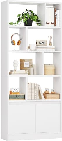 FORABAMB Bücherregal Weiß aus Holz, Bücherschrank Hoch mit 4 Ebenen und offenes Aufbewahrungsregal, Standregal Regal mit Türen für Wohnzimmer, Schlafzimmer, Büro, Arbeitszimmer, 155x60x24 cm, Weiß