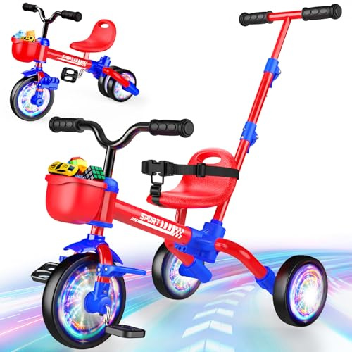 5 in 1 Triciclo per Bambini Evolutivo, Bicicletta Bambini 1-5 Anni-Ruote Luminose/Maniglia Parentale/Sedili&pedali Regolabili, Giochi Bambini Regalo Gioco Bambino 1-5 Anni Giochi Da Esterno Pasqua