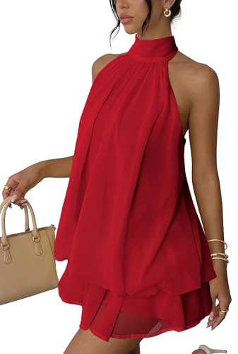 Xiaoliny Vestido Mujer Sexy Sin Mangas Mini Vestidos Halter Elegantes Verano Vestido Espalda Descubierta con Volantes Ligero Fluido Vestidos Holgado de Gasa Casual Dress para Fiesta Playa Cocktail