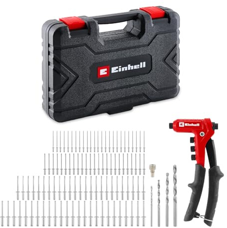 Einhell Blindnietzangen-Set | 100 Blindnieten | 4 Mundstücke | Metallbohrer | werkzeugloser Wechsel | ergonomischer Griff | inkl. Koffer