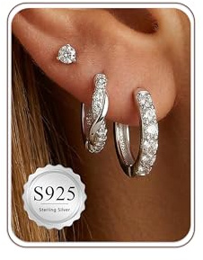 3 Paar Ohrringe Silber 925 Set für Damen Sterling Silber Creolen Hoop mit Zirkonia Ohrstecker Hypoallergenes Ohrringe Set für Damen(10/12mm Creolen + 3mm Ohrstecker)