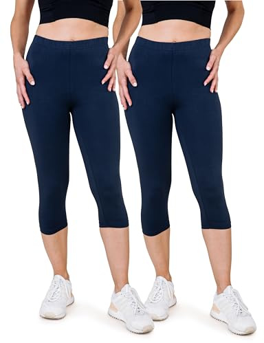 SES Capri-leggings för kvinnor, 2-pack i storlek 32–34 till 56–58/ogenomskinliga damleggings, caprileggings, 3/4 långa bomull/dam, caprileggings med perfekt passform, marinblå, 40-42