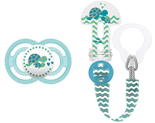 MAM Perfect Schnuller und Clip it! Schnullerband, Baby Schnuller beugt Zahnfehlstellungen vor, Schnullerhalter passend für Schnuller und Beißringe, 6-16 Monate, Schildkröte