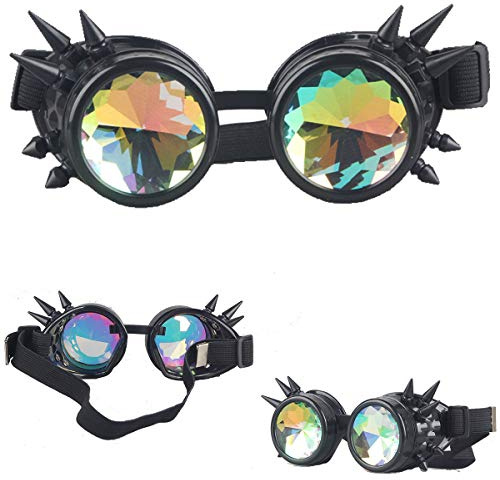 DODOING Kaleidoskop Brille Steampunk Rave Brille Brille Kristall Regenbogen Kaleidoskop Rave Brille Regenbogen Kristall Glas Linse, Schwarz (Spitze), One size