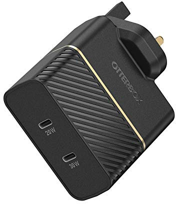 OtterBox Dual Port UK Wall Charger 50W, USB-C PD 30W GaN + USB-C PD 20W, Fast Charger for Smartphone and Tablet, Drop Tested, Rugged, Ultra Durable, Black
