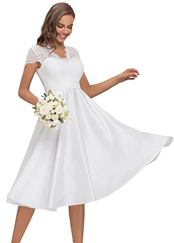 Ever-Pretty Vestito da Ballo Pizzo Maniche Corte Scollo a V Stile Impero Linea ad A Elegante Midi da Donna Bianco 46EU