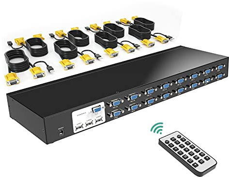 MT-VIKI Conmutador KVM VGA de 16 puertos USB VGA KVM con 16 puertos para montaje en rack de 1U, incluye 16 cables KVM, mando a distancia por infrarrojos, 2 montajes en rack