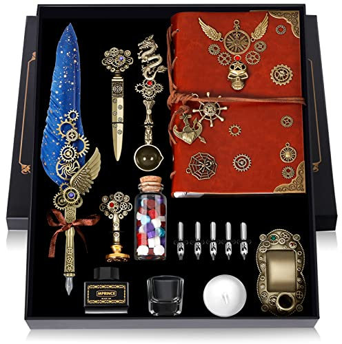 Schreibfeder Tinte Set Leder Notizbuch mit Quill Stift, 5 austauschbare Federn, Siegel Stempel, Löffel, Perlen, weißes Wachs, Stifthalter, Tasse, Umschlag, Briefpapier(blau)