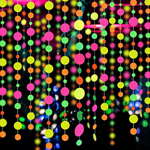 110feet UV Round Dot Paper Neon Garland Streamers Black Light Neon Decorations for Dark Glow Party UV Reactive Glow in The Dark Party Supplies Wedding Birthday Banner Decoration