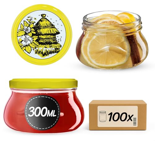 KADAX Lot de 100 bocaux en verre 300ml Ø82 – Couvercle Twist-Off hermétique TO82 – Pour confitures, conserves, cornichons, miel & fermentation