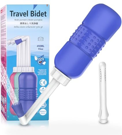 Travel Bidet Bottle 450ML - Portable Bidet Sprayer with Dual Nozzles for Anal & Vaginal Use, Travel Douche Bottle Leak-Proof for Toilet & Outdoor, Blue