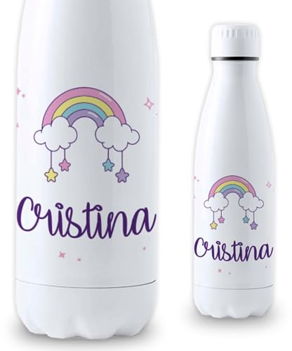 DEREGALOOS Botella Personalizada Arcoiris Infantil | Botella de Agua Acero Inoxidable | Libre de BPA y Reutilizable | Botellas de Agua para Niños Escuela Colegio (ARCOIRIS, 700 ML)