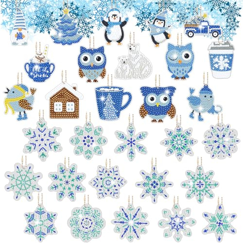 VEGCOO 30 Stück Schneeflocke Diamant DIY Painting Schlüsselanhänger Weihnachten,DIY 5D Diamant Kunst Schlüsselanhänger mit Hängender Dekoration Kindergeschenk (Blue)