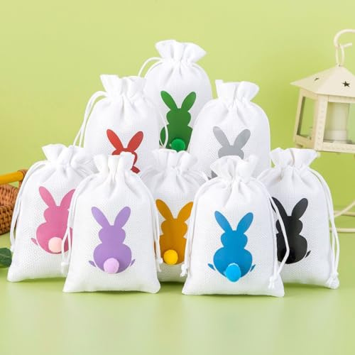 24 Stück Oster-Jutebeutel, Hasen-Jute-Geschenktüten mit Kordelzug, Oster-Geschenktüten für Ostern, Geburtstag, Party, Gastgeschenke, Dekoration, Zubehör, 10 x 15 cm (weiß)